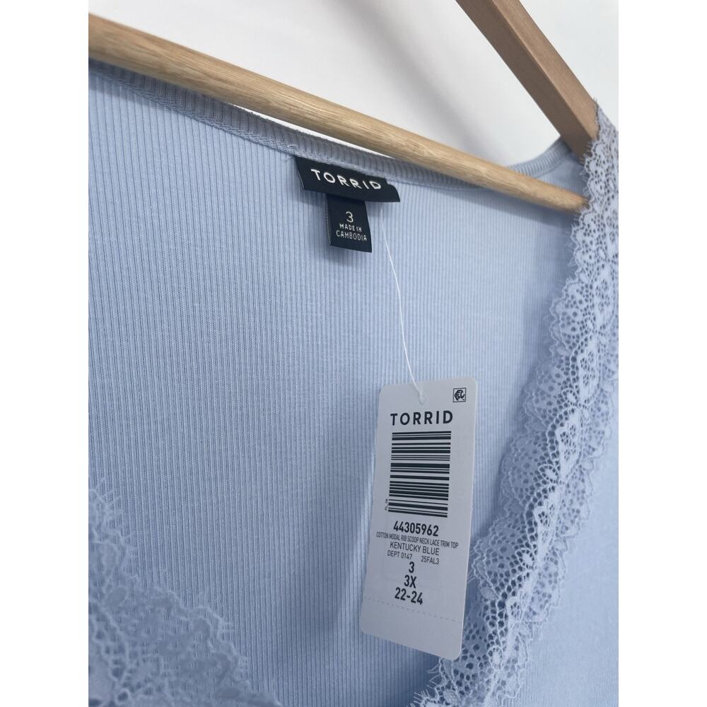 NWT Torrid Cotton Modal Rib Scoop Neck Lace Trim Top Women’s Plus Size 3X Blue - Picture 5 of 9